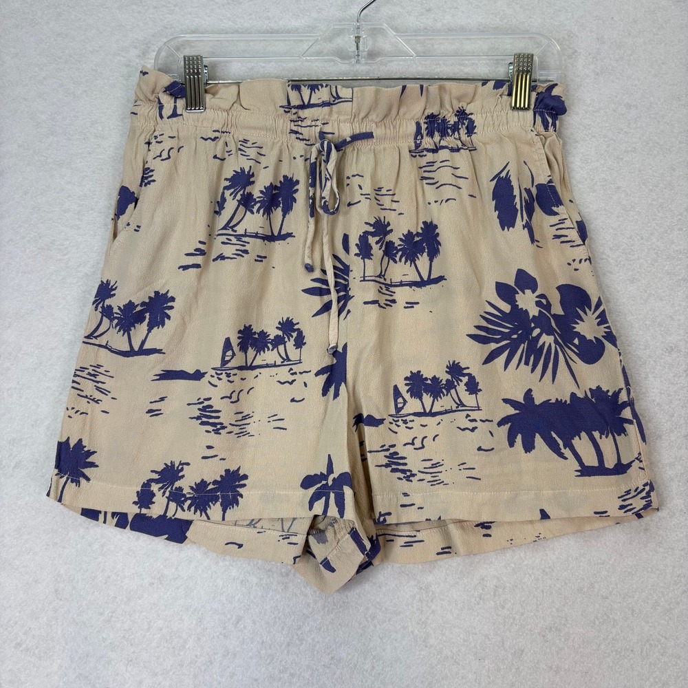Monrow Tan Blue Tropical Print Paperbag Waist Shorts Women L Beachy Boho Island